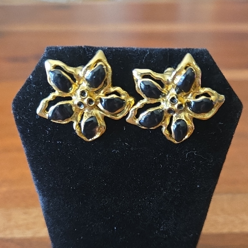 Vtg Gold & Black Floral Earrings